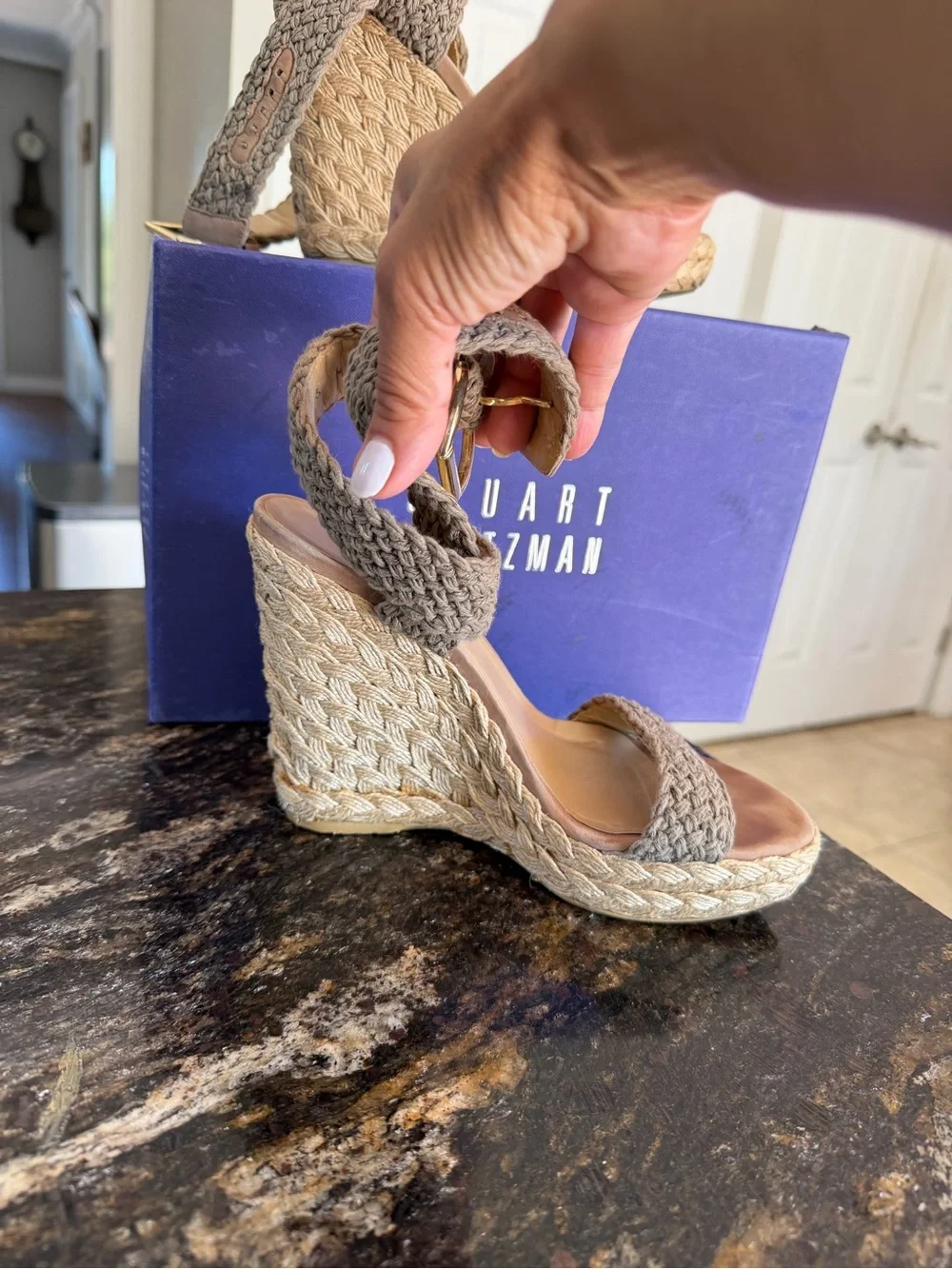 Stuart Weitzman Braided Tan Espadrille Wedge Sandals